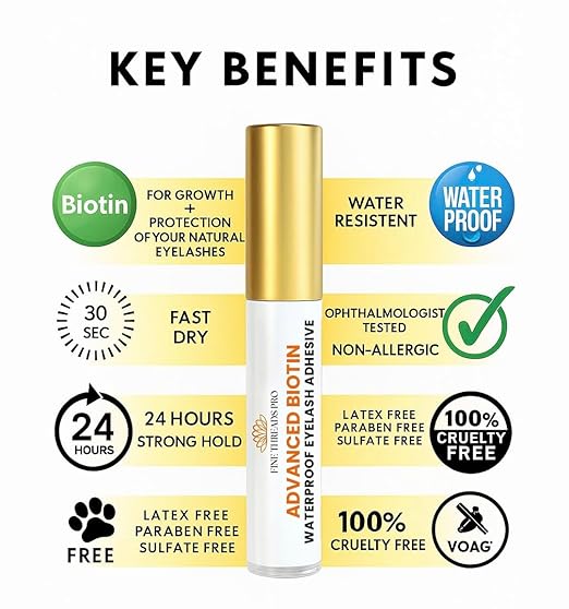 2 in 1 Clear Lash Glue with Lash Growth BIOTIN; Sensitive Eyes; Strong Hold Easy Brush On for False Eyelash Extensions, Strip Lashes, Mink, Wispy, Latex Free, No Parabens; Waterproof