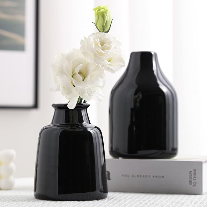 Black Small Vase Set of 3 for Modern Home Decor,Ceramic Vases for Centerpieces Flower Vases for Living Room Wedding/Dinner Table/Party-Black