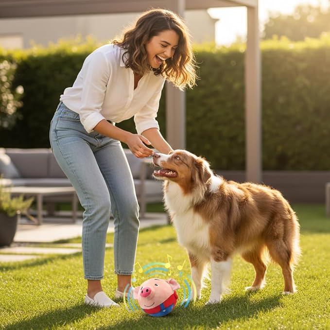 Interactive Dog Toys with Music, Active Moving Pet Plush Toy,Rechargeable Squeaky Dog Ball Toy with Talking Sound,Washable Cartoon Pig Plush Toy for Dogs (B)