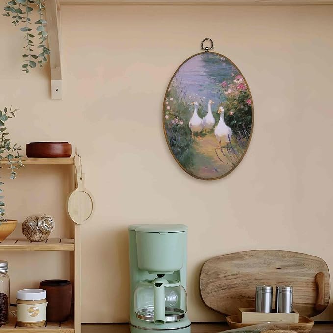 LKETW Vintage Rustic Duck Oval Wall Art Decor, Cottagecore Wildflower Duck Oval Canvas Hanging Decor, Farmhouse Goose Farm Animal Wall Decorations for Farmhouse Home Bedroom Living Room, 8.6x11.4 Inch