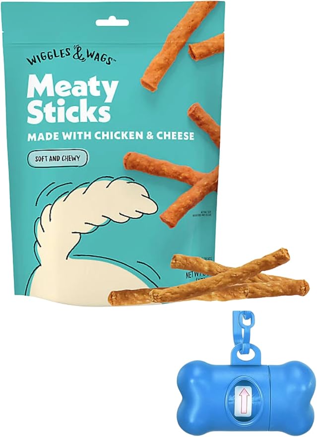 Wiggles & Wags Meaty Sticks Dog Treats, Chicken & Cheese Flavor, 6 oz with DN Essentials Bone Shaped Waste Bag Dispenser & Roll