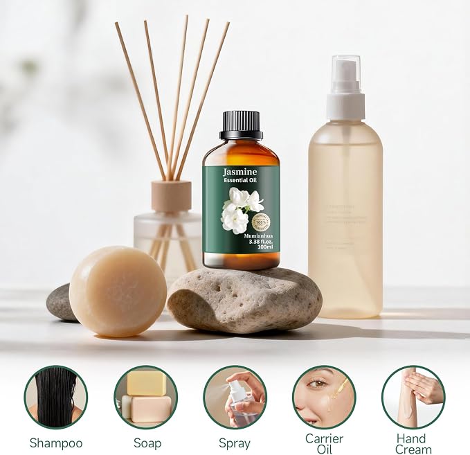 Jasmine Essential Oil, Floral Scent, Diffuser, Skin & Hair, 3.38 Fl Oz | Mumianhua Jasmine Oil. Sweet, Romantic Floral Aroma. For Pillow Mist, Bedtime Diffusion, Skin & Hair Care. Always Dilute