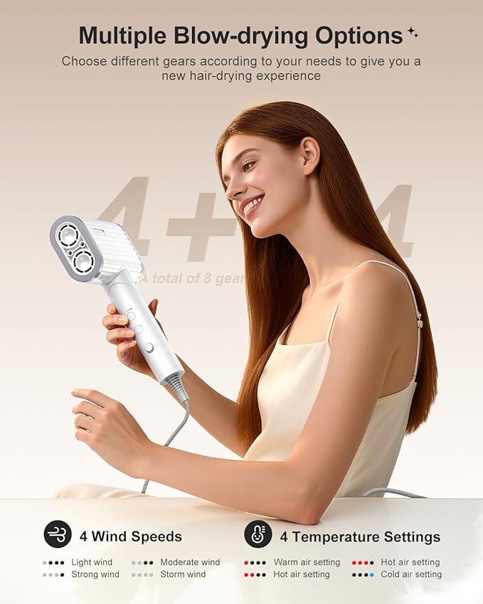 Tqcir Hair Dryer, 220,000 RPM Dual High-Speed Brushless Motors Blow Dryer for 6X Fast Drying, 500 Million Negative Ionic Hair Dryers for Long Thick Hair, Low-Noise 4 Temps /4 Speeds