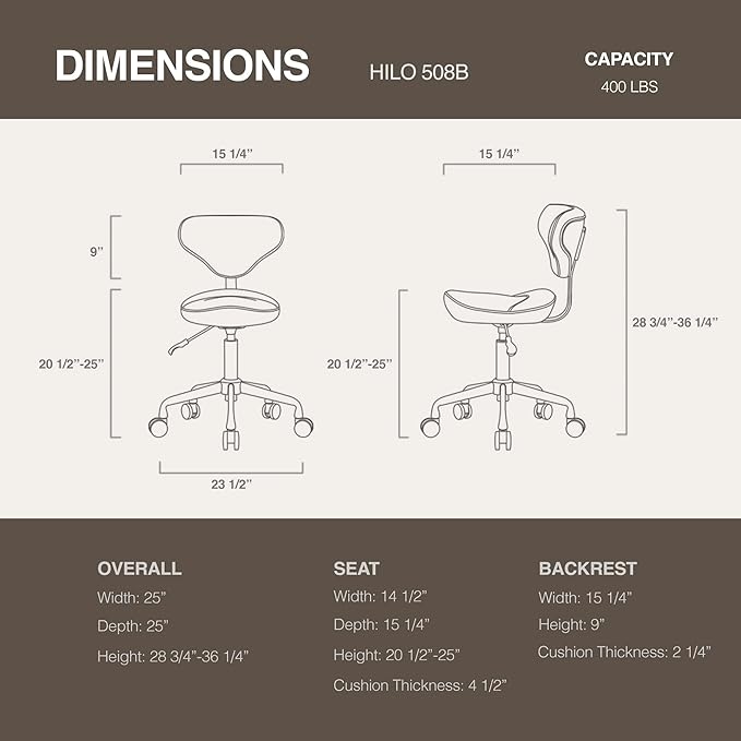 Ergonomic Saddle Seat Adjustable Pneumatic Hydraulic Drafting Swivel Rolling Stool Chair for Medical Hygienic SPA Massage Salon Home and Office - Hilo 508 (Tan, with Backrest)