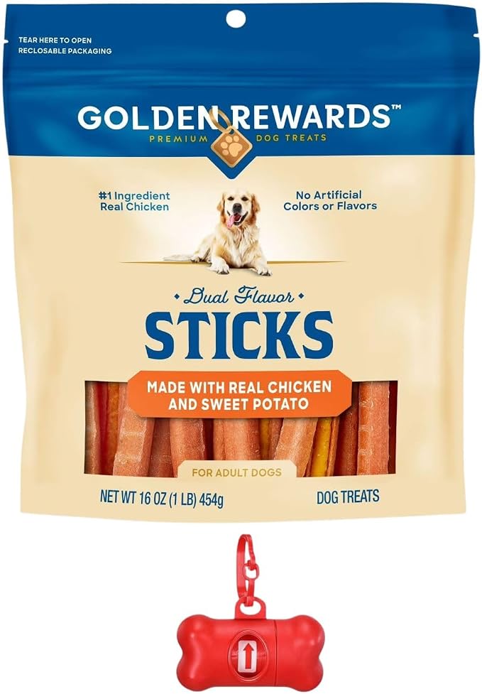 Golden Rewards Dog Treat Sticks Made with Real Chicken and Sweet Potato, No Artificial Colors or Flavors, No Corn or Soy, for Adult Dogs, 16 oz Bag with Bone Waste Bag Dispenser and Roll