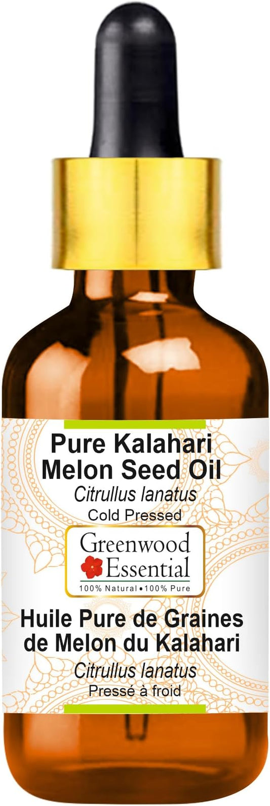 Greenwood Essential Kalahari Melon Seed Oil (Citrullus lanatus) with Glass Dropper | Cold Pressed | Natural | For Diluting Essential Oils | For Hair, Skin & Massage | Unisex | 10ml (0.33 oz)