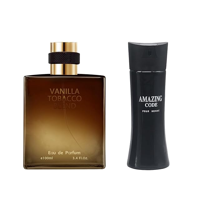 AFLUXE 2PCS Mens Perfume Cologne Long Last Strong EDP Natural Spray Gift Set, with Cocoa, Dried Fruits, Woody Fragrance for Daliy Use, 3.4 Fl Oz / 100 mL Each (Amazing Code & Vanilla Tobacco)