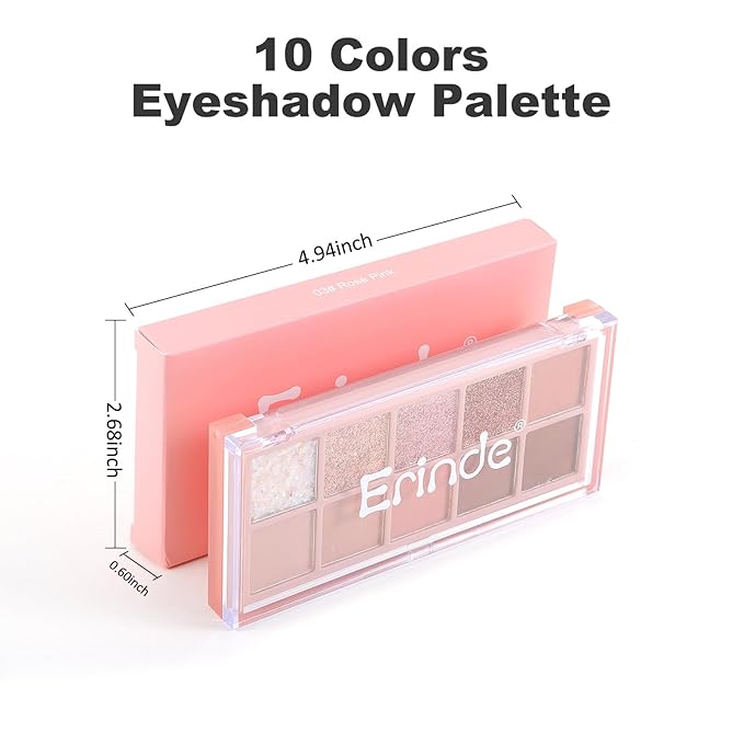 Erinde 10 Colors Eyeshadow Palette Makeup - Matte Shimmer Glitter Eye Shadow, Natural-Looking Korean Eye Makeup, Ultra-Blendable, High Pigmented, Pink Christmas Eyeshadow Palette with Brush, Rose Pink