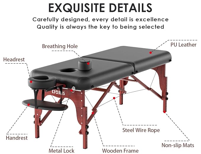 CLORIS 84" Professional Massage Table Portable 2 Folding Lightweight Facial Salon Spa Tattoo Bed Height Adjustable with Carrying Bag & Wooden Leg Hold Up to 1100LBS Black Widen