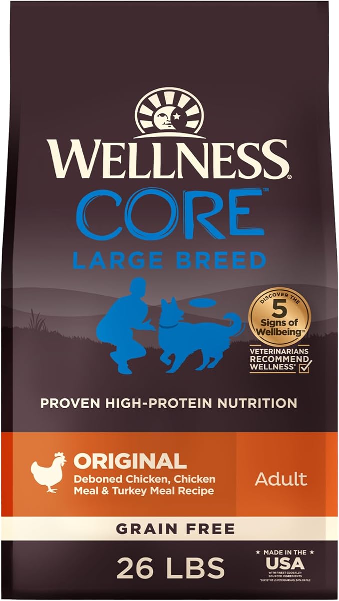 Wellness CORE Grain-Free High-Protein Large Breed Adult Dry Dog Food, Made in USA with Real Chicken & Natural Ingredients, With Glucosamine & Chondroitin to Support Joint Health (26-Pound Bag)