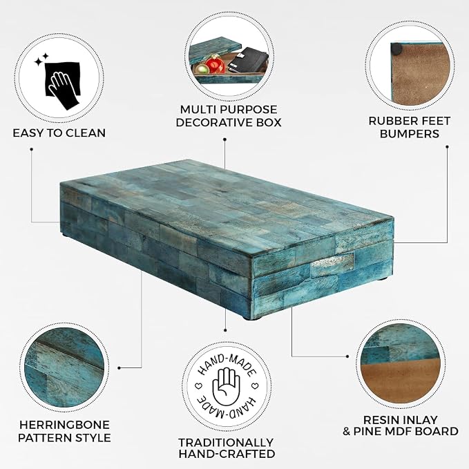 Handicrafts Home Large Decorative Storage Box with Lid – 12x6x2” Coffee Table Organizer, Keepsake- Decorative Boxes for Home Decor, Stylish Decorative Box for Office Decor- Verdigris