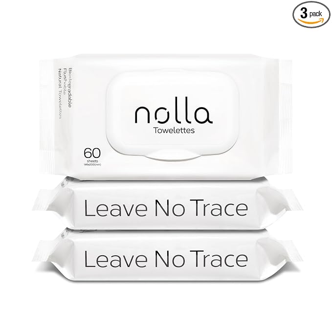 Nolla Flushable Wipes - 100% Plant-Based and Biodegradable - Soft, Unscented + Soothing Aloe and Vitamin E - For Adults and Kids 180 Count (3 Packs of 60)