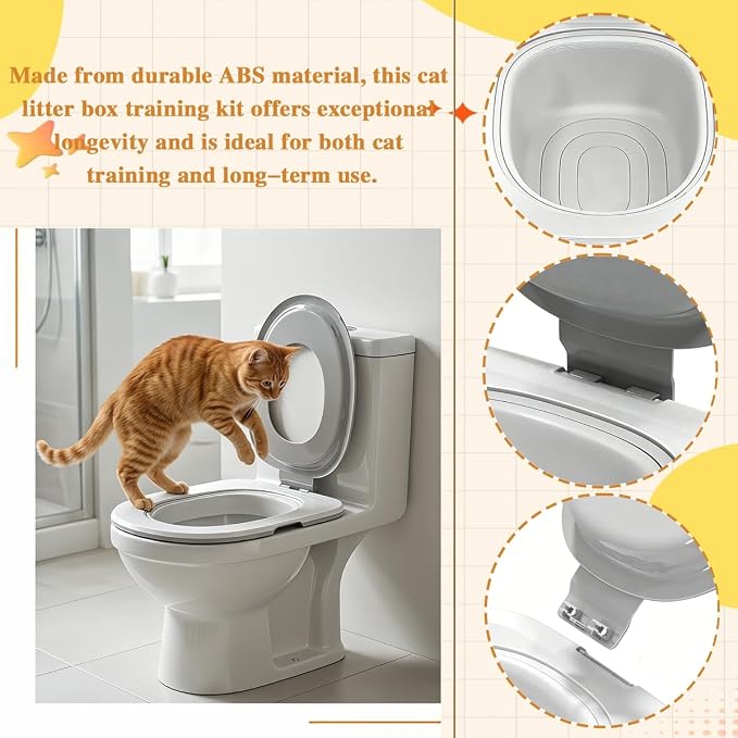 Cat Toilet Trainer Kit with Litter Scoop,5 Movable Parts | Grey detachable lid for all feline sizes,step-by-step guidance,squatting pan compatible,Fits Most Toilets