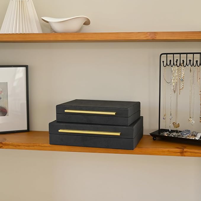 DECOR4SEASON Faux Shagreen Leather Jewelry Boxes Set of 2 with Gold Handles | Decorative Organizer Storage Box for Rings, Earrings, Watches, Dresser, Vanity, Stackable, Black