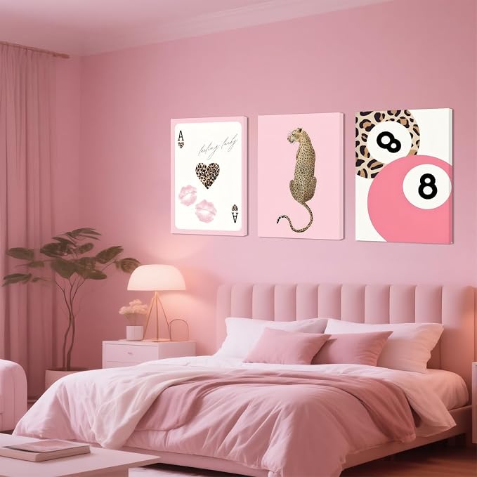 Cheetah Trendy Wall Art Set of 3 Preppy Leopard Canvas Print for College Apartment Room Wall Decor 8 Ball Poster Y2k Pink Coquette Print Lucky Aesthetic Pictures for Bedroom Dorm 12x16 In Framed
