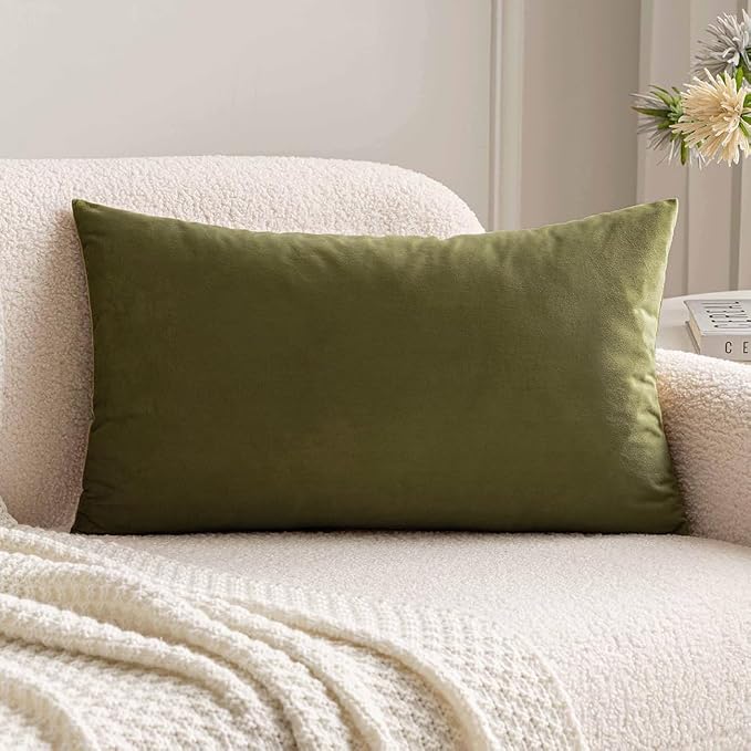 MIULEE 12x20 Inch Lumbar Velvet Throw Pillow Cover Set of 1 Olive Green | Soft Luxury Decorative Throw Pillow Cover, Single Rectangle Cushion Case, Home Decor for Chair Couch Sofa Bedroom Car Bed