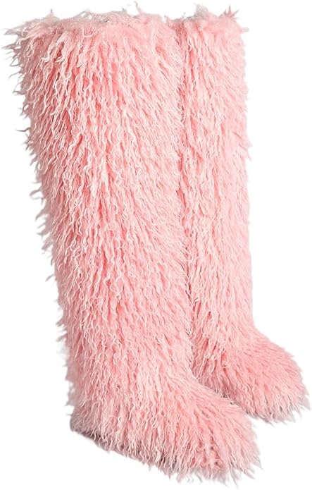SWEETHEART BEAUTY Thigh High Shagy Teddy Fur Boots, 29 Inch Over the Knee Length Fluffy High Boots, Tall Furry Shoes For Women