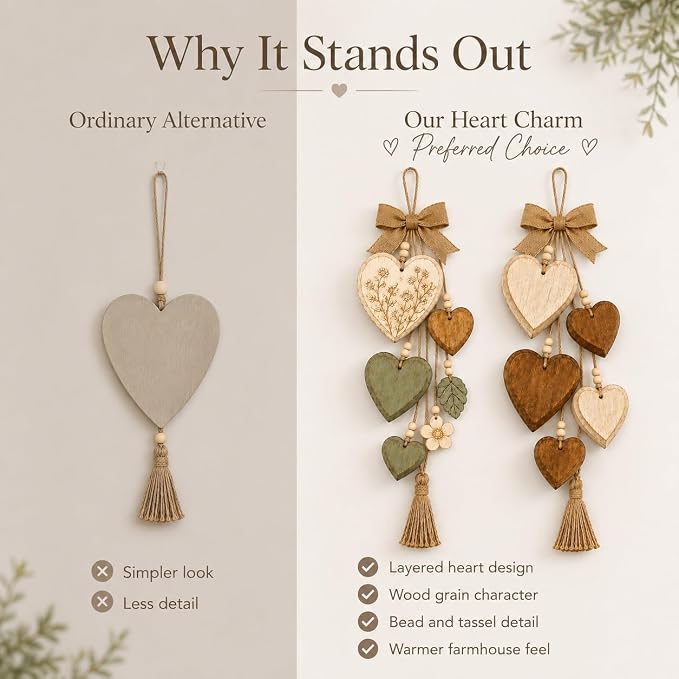 Rustic Solid Wood Heart Wall Hanging, Farmhouse Burlap Bow Decor with Distressed Wooden Hearts & Pendants, Romantic Art for Bedroom & Home Room, Vintage Charm Art Decor Signs(Natural Cream)