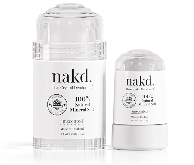 nakd. Thai Crystal Deodorant Stone – 2 Salt Crystal Deodorant Sticks, 4.25 oz. Regular + 2.5 oz. Travel Size – All Natural Unscented and Aluminum Free for Women & Men