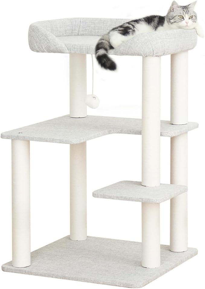 Cat Tree Tower Wooden 37.4''(95 cm), Large Cat Tree with Jump Platform & Play Ball for Indoor Cats, Ideal Cat's Climbing Frame & Playhouse (Linen Fabric Light Grey)
