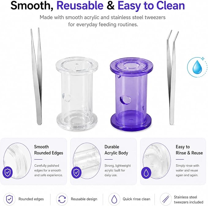 2 Pack Reptile Rolling Feeders with 2 Feeding Tweezers, Transparent Mealworm Treat Dispenser Toy for Bearded Dragons, Leopard Geckos, Lizards and Small Reptiles
