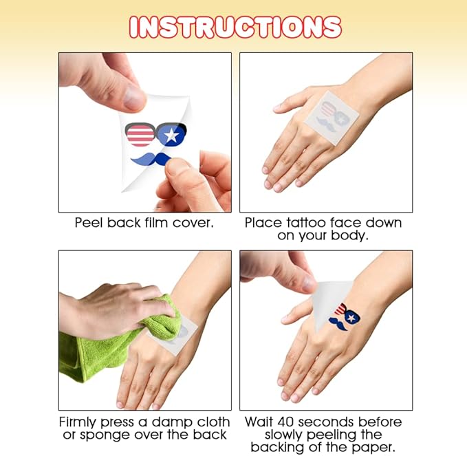 ArtCreativity American USA Patriotic Individual Tattoos for Kids (Pack of 144) Non-Toxic 1.5 Inch Pre-Cut Temporary Tattoos - Red White and Blue, July 4th Labor Day Tattoo Party Favors and Accessories