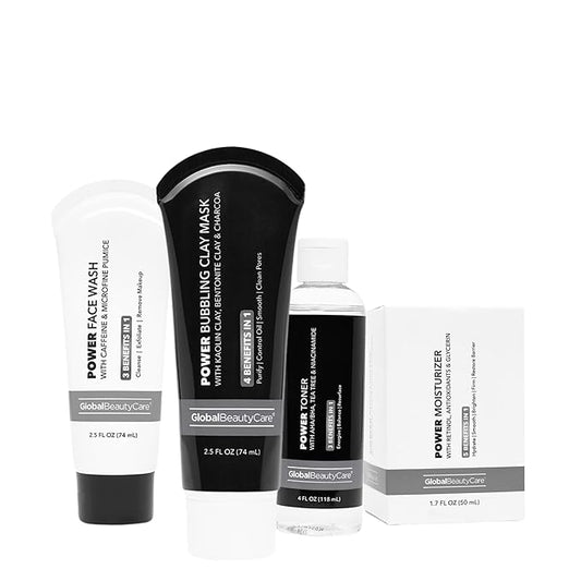 Global Beauty Care Power Skincare Set - Skin Care Kit with Face Wash, Toner, Moisturizer & Bubbling Clay Mask Bundle for Oily & Combination Skin, 3 in 1 Benefits Daily Face Cleaning Kit, 4-Piece