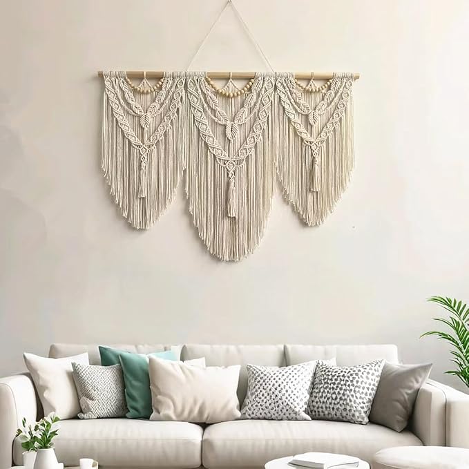large macrame wall hanging - Boho Tapestry Macrame Wall Decor Art- Chic Bohemian Handmade Woven Tapestry Home Decoration for Bedroom Living Room Apartment Wedding Party - 43"x32" (Wood bead-A)