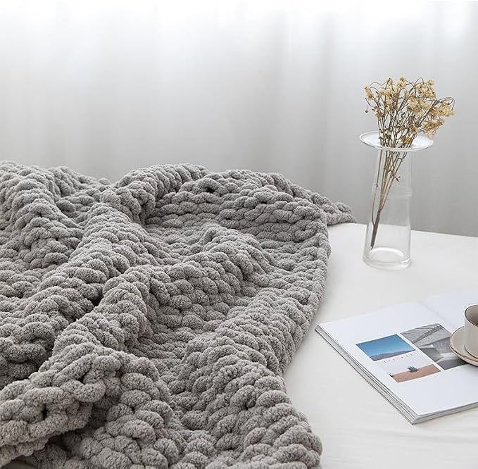 Soft Chunky Knit Throw Blanket for Couch, Cozy Warm Knitted Blankets | Hand Knit with Jumbo Chenille, Lightweight Warm Fluffy Decor for Women, Mom, Her & Girls, Sofa, Chair, Bed, 40"x60" (Gray)