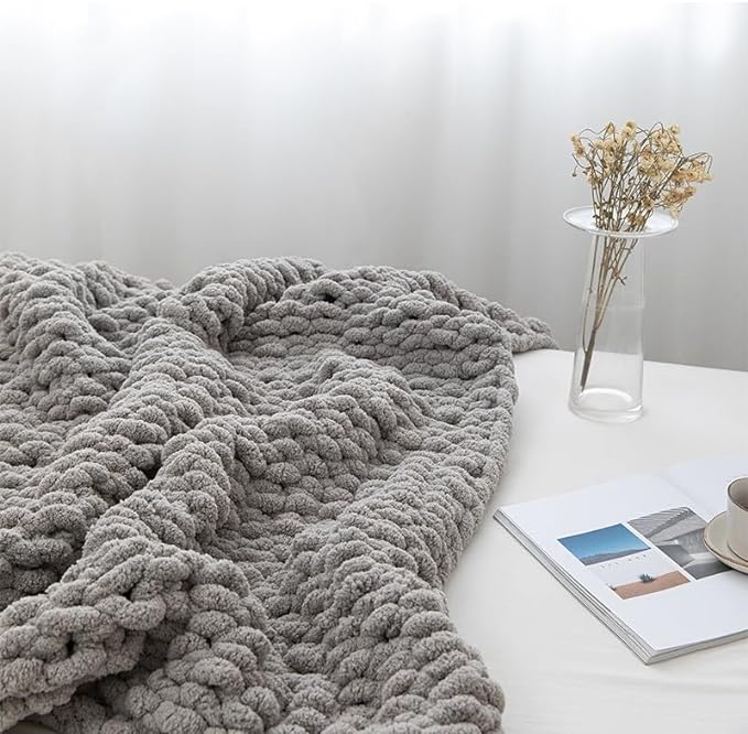 Soft Chunky Knit Throw Blanket for Couch, Cozy Warm Knitted Blankets | Hand Knit with Jumbo Chenille, Lightweight Warm Fluffy Decor for Women, Mom, Her & Girls, Sofa, Chair, Bed, 48"x71" (Gray)