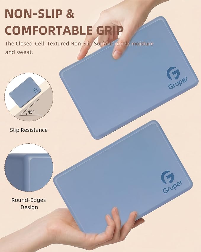 Gruper Yoga Blocks 2 Pack, 9"x6"x3" Exercise Blocks High-Density EVA Foam Blocks with Soft Non-Slip Surface, Lightweight Yoga Props for Yoga Pilates Meditation & Stretching