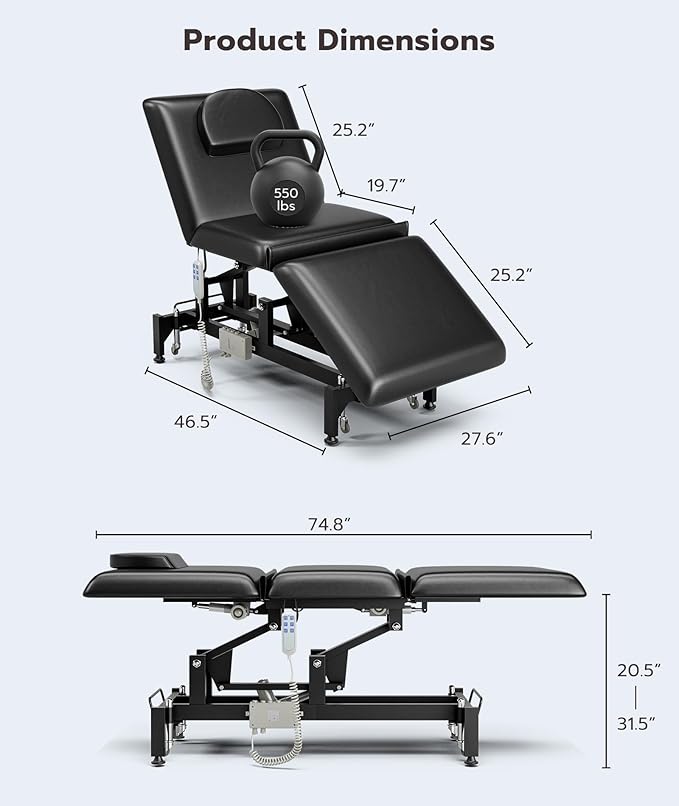 Icoget Fully Electrical Massage Table Bed with Wheels, 3-Section Adjustable Medical Treatment Table for Clients, Esthetician Facial Beauty Physiacl Therapy Bed for Spa, Exam, Black