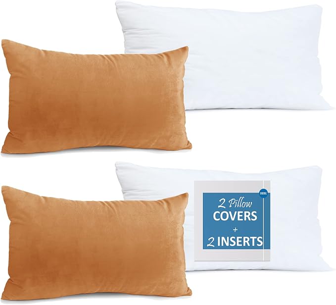 Throw Pillow Inserts Pack of 2 with Velvet Soft Solid Decorative Square Throw Pillow Covers Set for Sofa Couch Car Bedroom, 12X20 Throw Pillows Inserts with 12x18 Washable Cushion Covers, Rust Brown