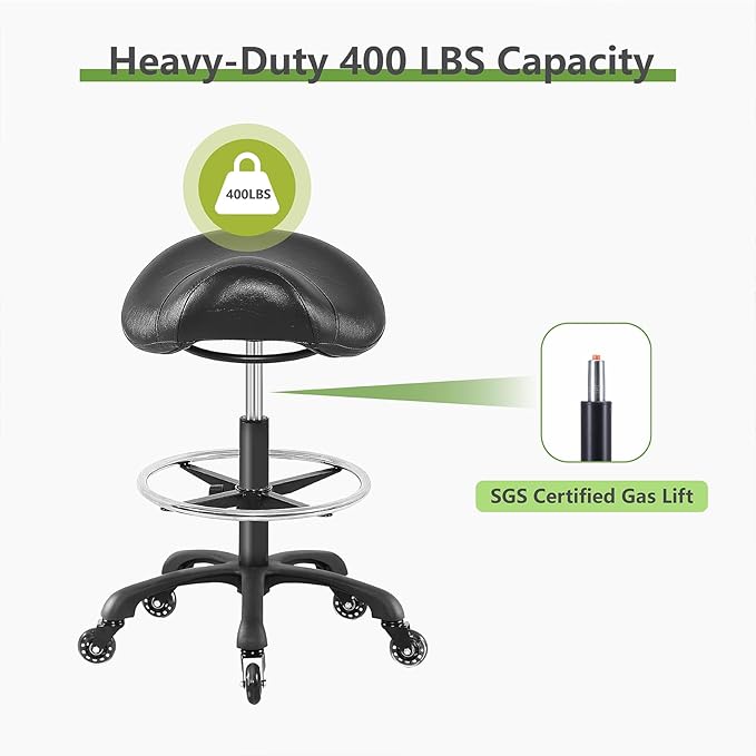 Saddle Salon Stool with Footrest,Heavy Duty, Adjustable Height, Rolling Esthetician Chair for Tattoo Spa Medical Dentist Clinic (Black)