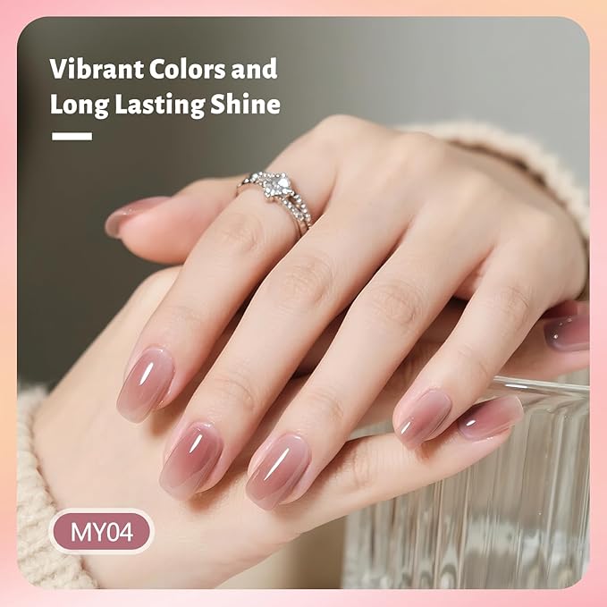 Jelly Nail Polish Set, 10 Color With 2PCS Base and Top Coat Quick Drying High Gloss Shine Jelly Nail Polish Translucent Amber Gray Red Nude Color Holiday Gift Giving