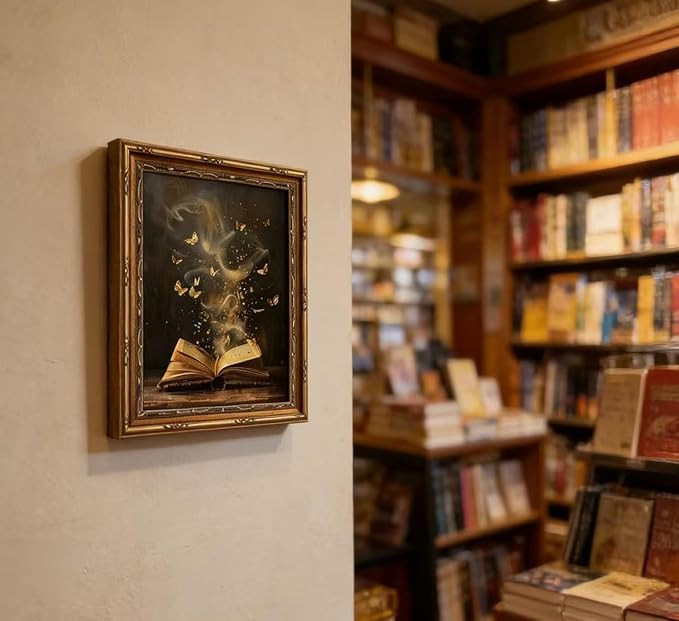 Vintage Gold Framed Victorian Bookish Wall Art Dark Academia Library Fantasy Mystical Canvas Print Reading Nook Butterfly Aesthetic Picture Wall Decor Gothic Bookclub Poster Artwork for Library