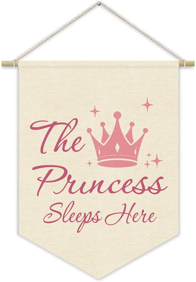 Princess Room Decor for Girls Bedroom Door Sign, Pink Cute Linen Pennant Banner for Baby Girl Nursery Wall Hanging, Princess Playroom ToddlerRoom Decorations 15x11 Inch