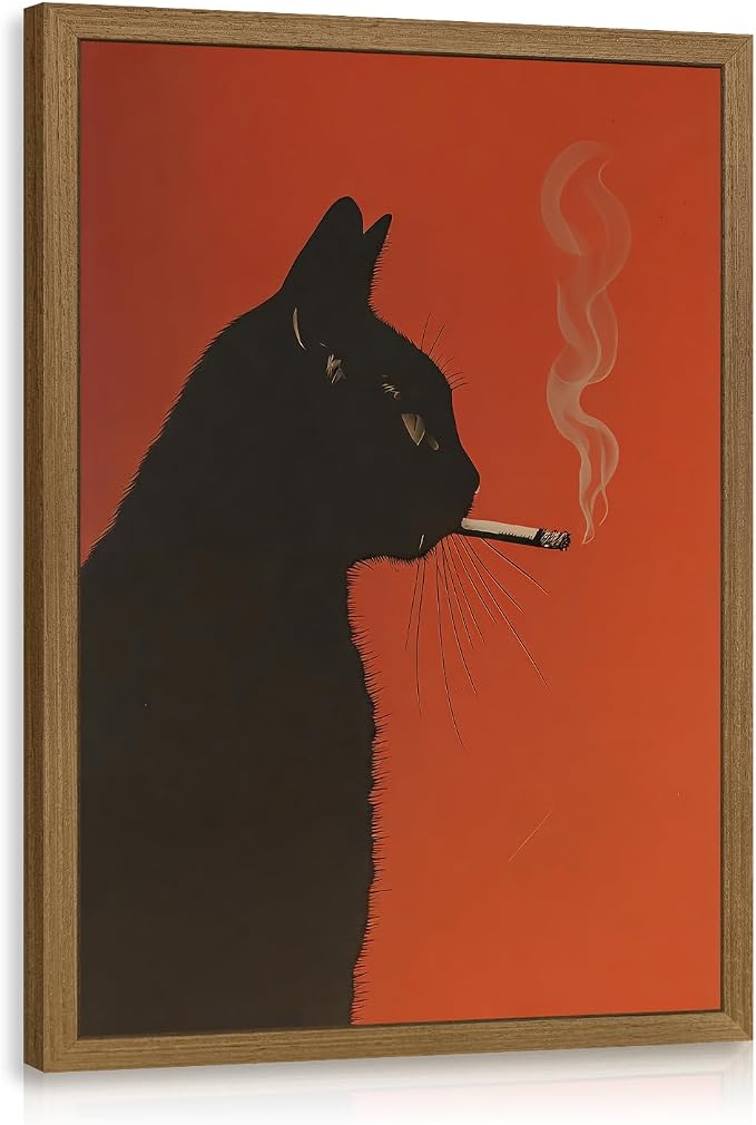 VziizV Black Cat Wall Art, Funny Smoking Cat Canvas Print, Vintage Retro Animal Wall Decor, Minimalist Whimsical Poster Artwork for Bar Cart Living Room Bedroom Office Wood Framed 16x24 Inch
