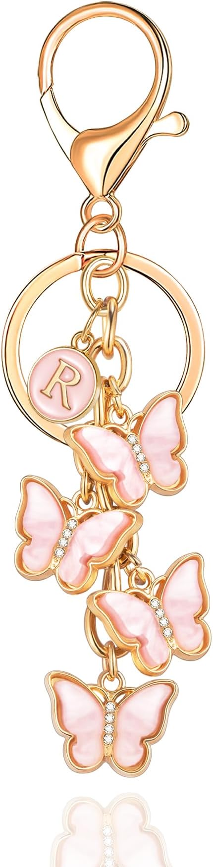XGALBLA White Pink Black Cute Butterfly Initial Letter Keychain for Women, Butterfly Bag Charms Keyring for Handbags Backpack