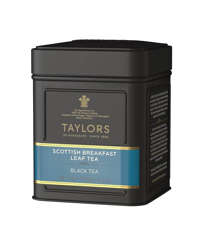 Taylors of Harrogate Scottish Breakfast, Black Tea, Loose Leaf, 4.41 Ounce Tin Caddy, Strong, Malty and Full, Caffeinated, Premium Whole Leaf Tea