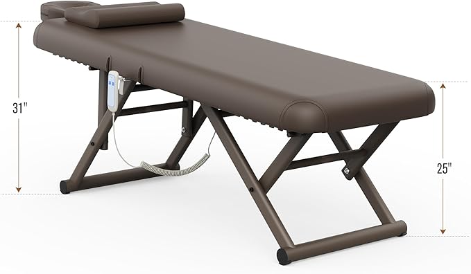 Electric Stationary Massage Table - Adjustable Massage Table with Manual Adjustable Backrest & Height, Treatment Tables with Electric Foot Lift, C-Shaped Pillow, Metal X-Frame, PU Leather for Beauty