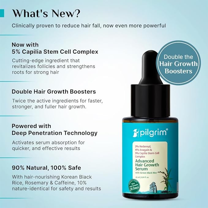 Pilgrim Hair Growth Serum for Thinning Hair | 3% Redensyl, 4% Anagain & 5% Capilia Stem Cell | Strengthens, Nourishes & Revitalizes Hair | Korean Black Rice | 0.85 Fl Oz (25ml)