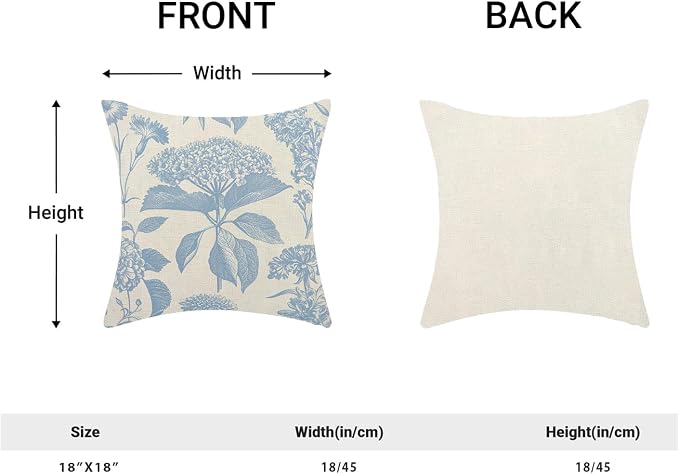 Floral Pillow Covers 18x18 Set of 2 Vintage Baby Blue Hydrangea Herb Botanical Throw Pillow Cover Outdoor Decoration Boho Flower Pillowcase Farmhouse Decorative Linen Cushion Case for Home Sofa