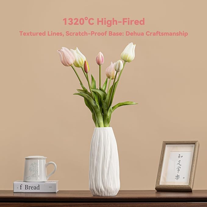 White Ceramic Vase with Woodgrain Texture & Vertical Lines - 9.3" Unique Flower Vase for Pampas Grass & Centerpieces, Farmhouse/Boho Decorative Vase for Living Room, Office Desk &Gift for Her/Yourself