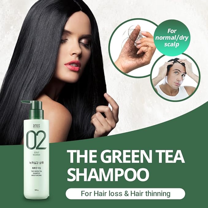 AMOS PROFESSIONAL The Green Tea Shampoo Moisturizing [For Normal/Dry Scalp] 17.6oz (500g) | Anti-Thinning and Anti- Hair Loss Shampoo for Hair Growth and Moisture | Korean Hair Salon Brand