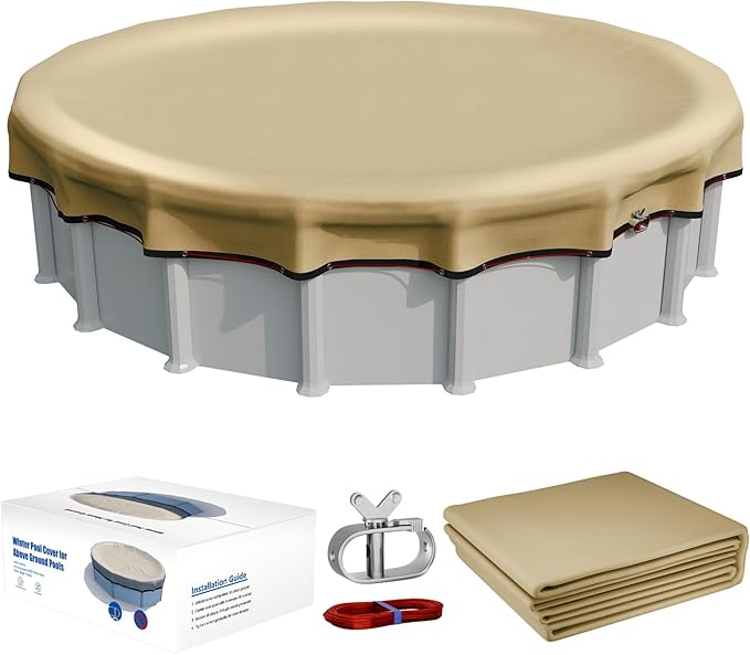 [Upgraded] 18ft/21ft/24ft/28ft Round Winter Pool Covers for Above Ground Pool Cover 24FT Cover 4FT Overlap - 500D Windproof with Steel Cable & Heavy Duty Winch - Swimming Pool Winter Cover Beige
