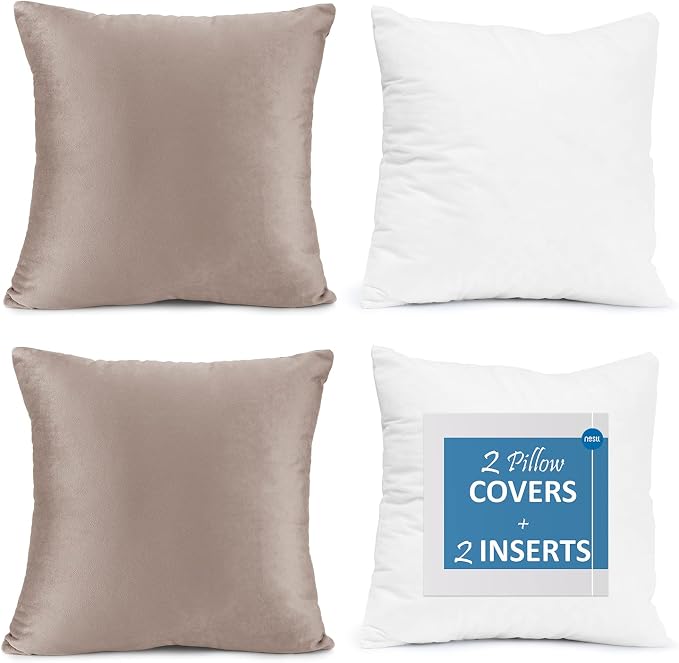 Throw Pillow Inserts Pack of 2 with Velvet Soft Solid Decorative Square Throw Pillow Covers Set for Sofa Couch Car Bedroom, 26X26 Throw Pillows Inserts with 24x24 Washable Cushion Covers, Taupe Sand