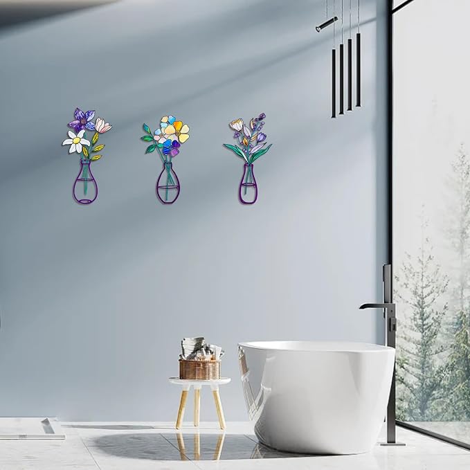 3 Pcs Metal Flowers Wall Arts,Metal Vase Wall Art,Iron Art Painting,Rustic Farmhouse Decor Minimalist Flower Wall Decor for Bedroom Bathroom Living Room Dining Room (Set F)
