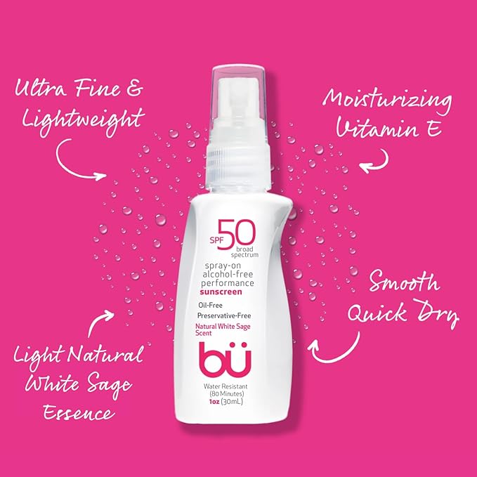 BU SPF 50 Sunscreen Spray for Face and Body, Non Aerosol Spray, TSA Travel Size Sunscreen, Clear, Non Greasy, Water Resistant, White Sage 1 oz (3 Pack)