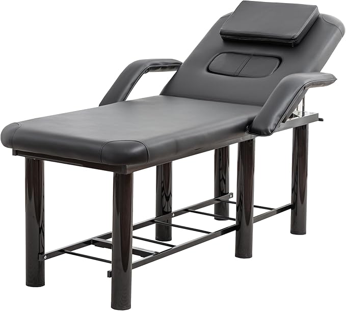 Professional Massage Bed Stationary Adjustable Massage Table Spa Bed 73" x27.5” Physical Therapy Table with Memory Foam Salon Bed w/Removable Headrest (Black with Armrest)
